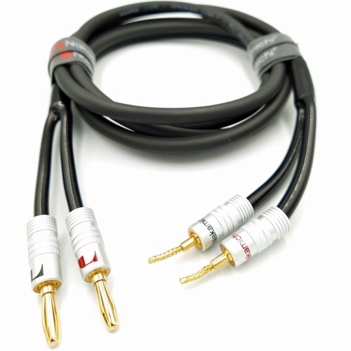 Kabel głośnikowy 2x2.5mm2 przewód OFC Klotz wtyki bananowe i szpilkowe plecione Nakamichi